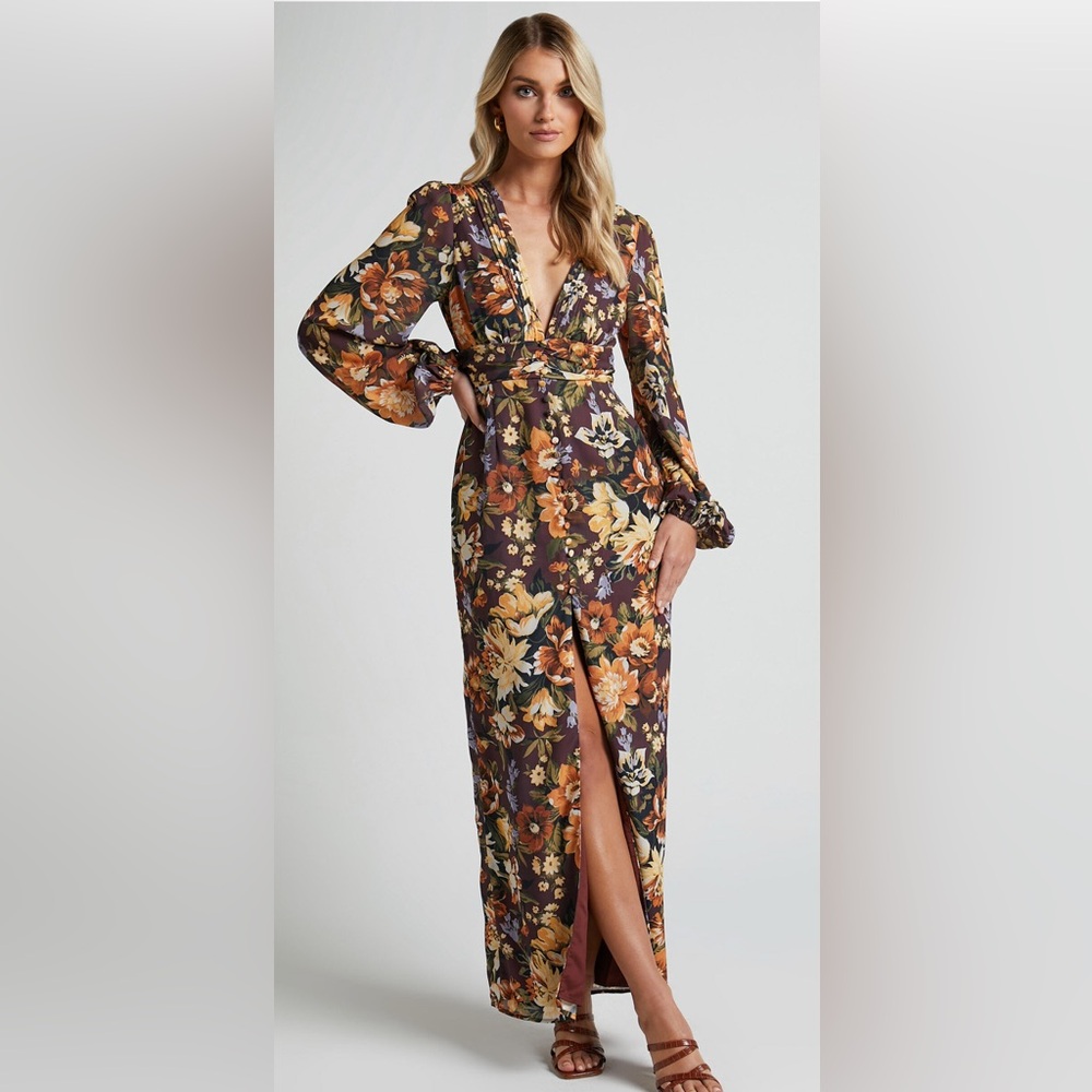 Showpo long sleeve floral maxi dress size 2 worn once for fall wedding